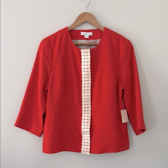 New Coldwater Creek Shell Embellished Jacket Orange Hopsack Snap Front Size 12 - Picture 1 of 15